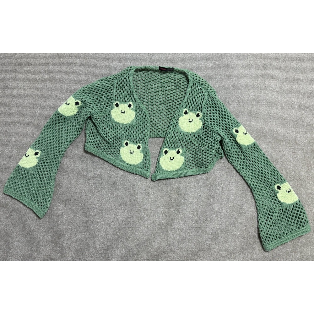 Romwe Sweater Womens XS Frog‎ Mesh Knit Cropped Cardigan Kawaii Cute Acrylic